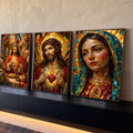 Quadro Decorativo Kit 3 Telas Jesus Cristo para Sala Dourado | quadros decorativos para sala | tríptico sacro em mosaico com Última Ceia, Sagrado Coração e Nossa Senhora | Porao dos Quadros