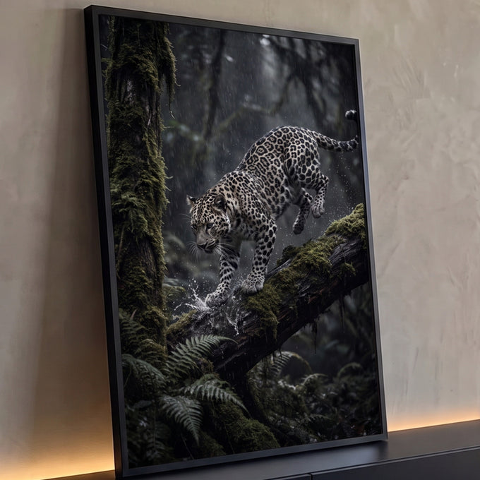 Quadro Decorativo Grande Leopardo Saltando para Sala Preto | quadros decorativos para sala | leopardo saltando sobre tronco musgoso em floresta tropical sob chuva intensa | Porao dos Quadros