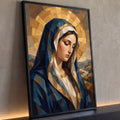 Quadro Decorativo Grande Nossa Senhora Cubismo para Sala | quadros decorativos para sala | Nossa Senhora em estilo cubista com manto azul e auréola dourada geométrica | Porao dos Quadros