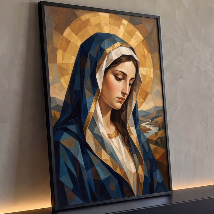 Quadro Decorativo Grande Nossa Senhora Cubismo para Sala | quadros decorativos para sala | Nossa Senhora em estilo cubista com manto azul e auréola dourada geométrica | Porao dos Quadros