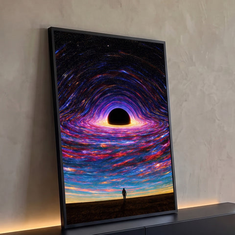 Astronauta diante de buraco negro com espiral de luzes azuis, roxas e rosa no universo, quadro decorativo