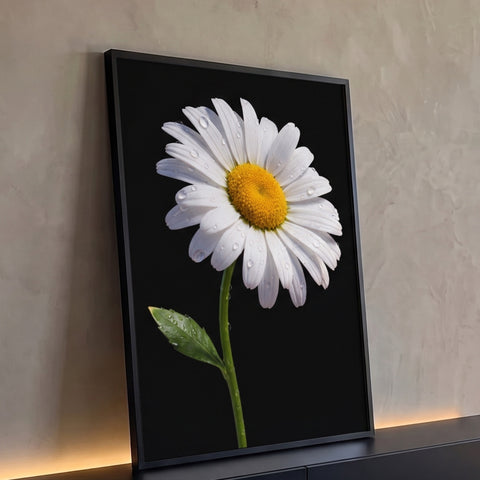 Margarida branca de miolo amarelo com gotas de orvalho, caule e folha verde em fundo preto, quadro decorativo