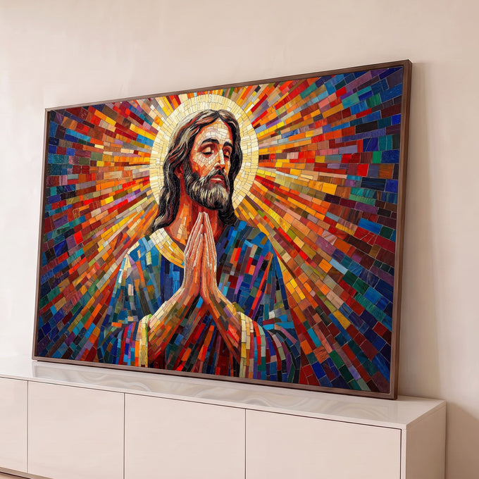 Quadro Decorativo Grande Jesus em Oração para Sala Vermelho | quadros decorativos para sala | Jesus Cristo orando em estilo mosaico com auréola dourada e fundo colorido vibrante | Porao dos Quadros