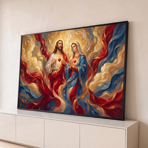 Jesus e Nossa Senhora com corações em chamas entre véus vermelhos, azuis e dourados, quadro decorativo
