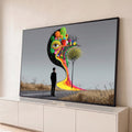 Quadro Decorativo Grande Homem Observando para Sala Preto | quadros decorativos para sala | homem de terno observando lua surreal com olho gigante e cores vibrantes escorrendo | Porao dos Quadros