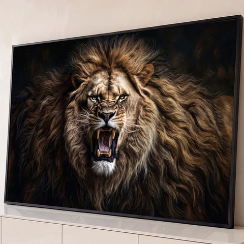 Leão feroz rugindo de frente com juba volumosa marrom e dourada sobre fundo escuro, quadro decorativo