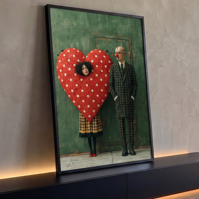 Arte surreal: mulher em coração vermelho de bolinhas e homem de terno xadrez, quadro decorativo