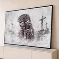 Quadro Decorativo Grande Jesus Cristo para Sala Cinza | quadros decorativos para sala | rosto de Jesus Cristo com coroa de espinhos em grafite com detalhes vermelhos | Porao dos Quadros