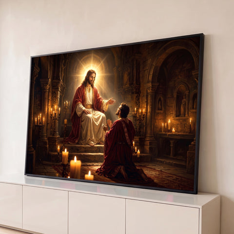 Jesus com auréola dourada abençoa um homem ajoelhado em uma catedral de pedra iluminada por velas, quadro decorativo