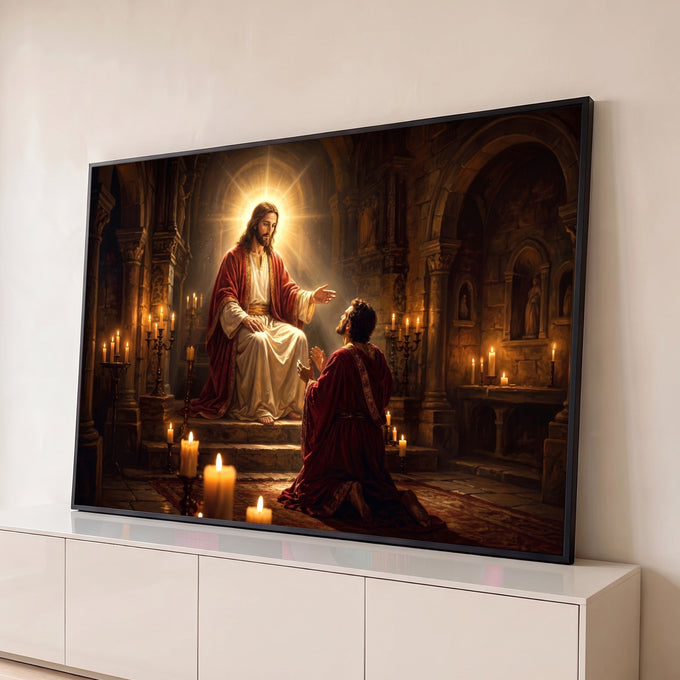 Jesus com auréola dourada abençoa um homem ajoelhado em uma catedral de pedra iluminada por velas, quadro decorativo