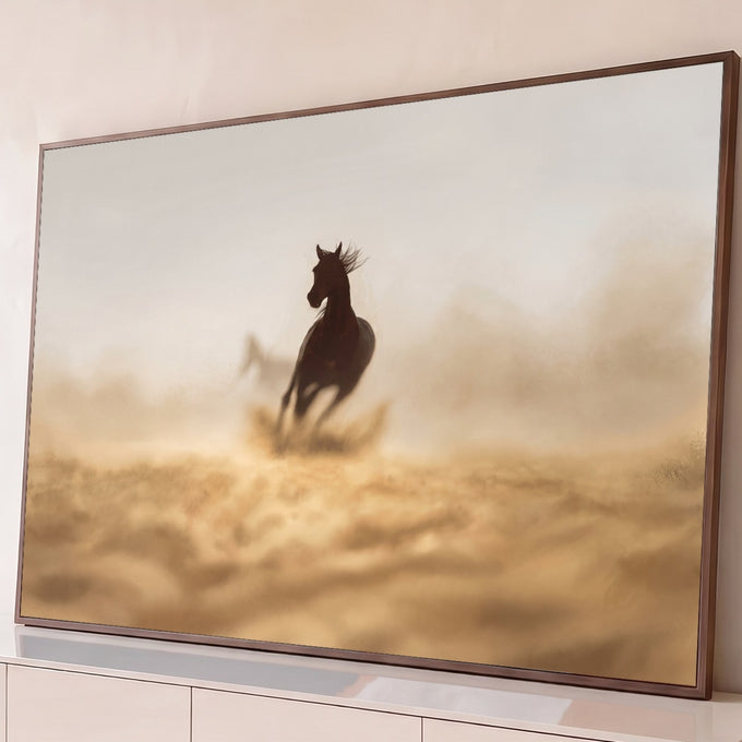 Quadro Decorativo Grande Cavalo Correndo para Sala Marrom | quadros decorativos para sala | cavalo marrom correndo em silhueta com crina ao vento e poeira dourada | Porao dos Quadros