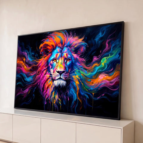 Leão de juba multicolorida em rosa, azul e laranja com pinceladas sobre fundo preto, quadro decorativo