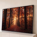 Quadro Decorativo Grande Caminho para Sala Laranja | quadros decorativos para sala | caminho de folhas em floresta de outono com raios de sol entre troncos | Porao dos Quadros