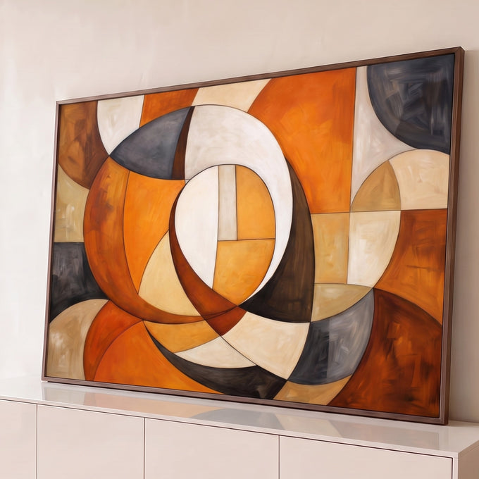 Quadro Decorativo Grande Abstrato Curvas para Sala Laranja | quadros decorativos para sala | composição abstrata geométrica com círculos sobrepostos em laranja, marrom, bege e cinza | Porao dos Quadros