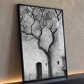 Árvore seca retorcida em preto e branco diante de parede antiga com porta em arco, quadro decorativo