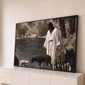 Quadro Decorativo Jesus com Lobos e Ovelhas à Beira do Lago | quadros decorativos para sala | figura de manto branco à beira de lago cercada por lobos e ovelhas entre | Porao dos Quadros