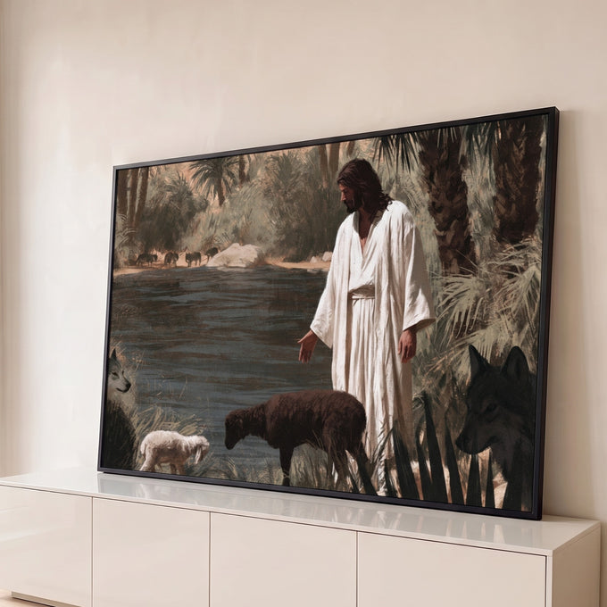 Quadro Decorativo Jesus com Lobos e Ovelhas à Beira do Lago | quadros decorativos para sala | figura de manto branco à beira de lago cercada por lobos e ovelhas entre | Porao dos Quadros