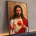 Quadro Decorativo Sagrado Coração de Jesus com Auréola | quadros decorativos para sala | Jesus Cristo com sagrado coração em chamas e auréola dourada | Porao dos Quadros