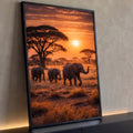 Quadro Decorativo Grande Elefantes na Savana para Sala | quadros decorativos para sala | três elefantes caminhando na savana africana ao pôr do sol laranja | Porao dos Quadros