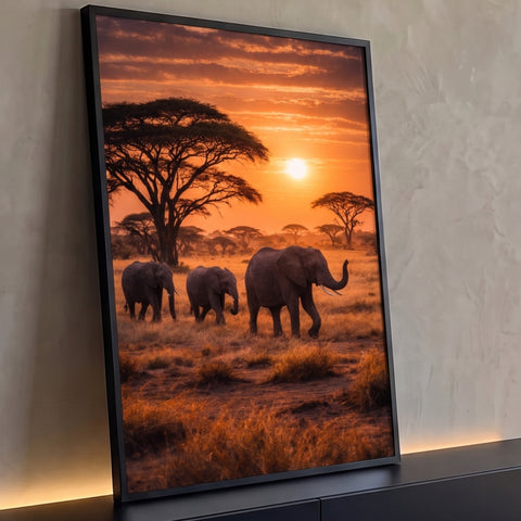 Três elefantes caminhando na savana africana com acácias sob pôr do sol laranja, quadro decorativo