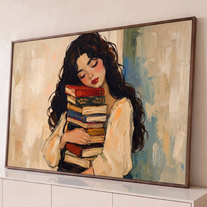 Pintura a óleo de mulher de cabelos cacheados abraçando pilha de livros, fundo bege, quadro decorativo
