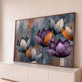 Quadro Decorativo Flores Abstratas em Roxo Prata e Cobre | quadros decorativos para sala | flores abstratas estilizadas em pétalas de roxo, prata e cobre sobre fundo cinza texturizado | Porao dos Quadros
