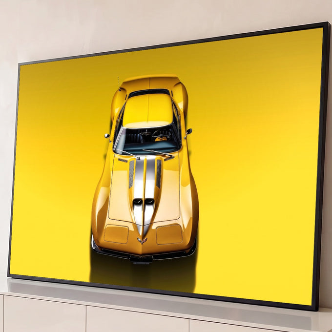 Quadro Decorativo Grande Carro Esportivo para Sala Amarelo | quadros decorativos para sala | carro esportivo amarelo fotografado de cima com faixa prateada no capô | Porao dos Quadros