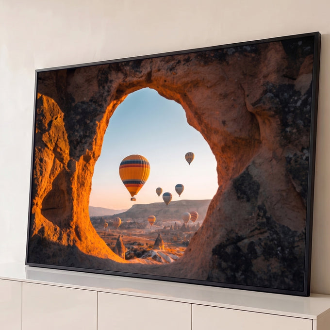 Quadro Decorativo Grande Balões de Ar Laranja para Sala | quadros decorativos para sala | balões de ar quente coloridos vistos por abertura de pedra na Capadócia ao amanhecer | Porao dos Quadros