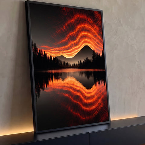Montanha e pinheiros em silhueta sob ondas de luz laranja refletidas no lago à noite, quadro decorativo