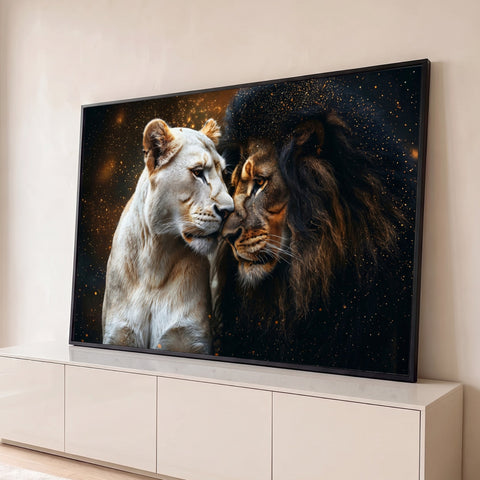Leoa branca e leão de juba escura encostando os focinhos em fundo preto com brilho dourado, quadro decorativo