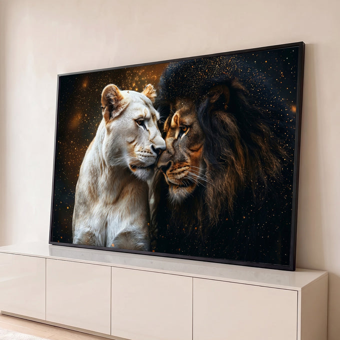 Quadro Decorativo Grande Casal de Leões para Sala Preto | quadros decorativos para sala | leoa branca e leão escuro focinho a focinho com fundo de poeira dourada | Porao dos Quadros