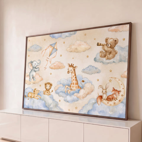 Elefante, girafa, leõezinhos, ursinho, coelho e raposa em nuvens e estrelas em aquarela, quadro decorativo