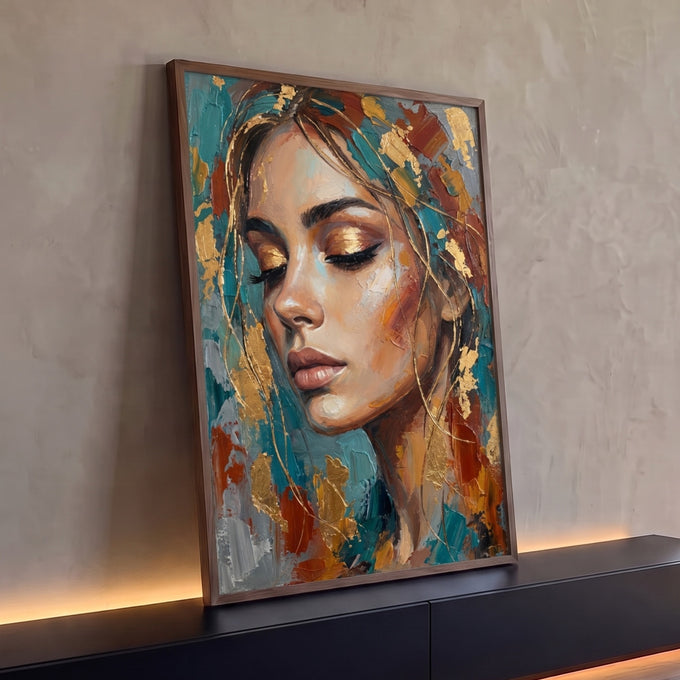 Rosto de mulher de olhos fechados em pintura a óleo com folha de ouro e azul petróleo, quadro decorativo
