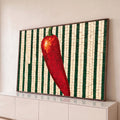 Quadro Decorativo Grande Pimenta Vermelha para Área Gourmet | quadros decorativos para sala | pimenta vermelha em mosaico com cabo verde sobre fundo listrado verde e bege | Porao dos Quadros