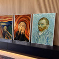 Quadro Decorativo Kit 3 Telas Grito Autorretrato para Sala | quadros decorativos para sala | tríptico com O Grito de Munch e autorretrato de Van Gogh em cores vibrantes | Porao dos Quadros