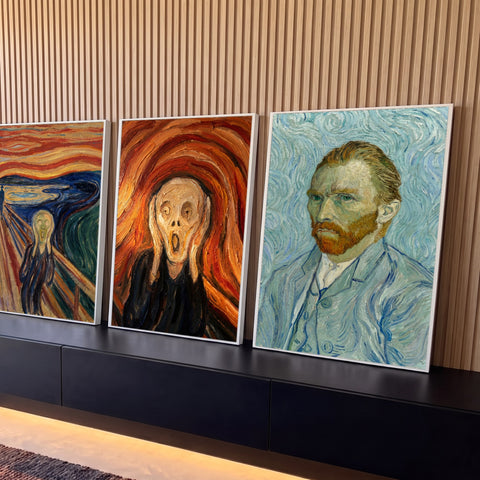 Quadro Decorativo Kit 3 Telas Grito Autorretrato para Sala | quadros decorativos para sala | tríptico com O Grito de Munch e autorretrato de Van Gogh em cores vibrantes | Porao dos Quadros