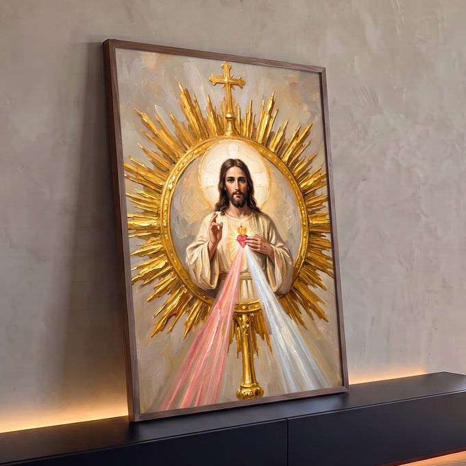 Quadro Decorativo Grande Sagrado Coração para Sala Dourado | quadros decorativos para sala | Jesus Cristo com coração sagrado em chamas e auréola dourada em raios | Porao dos Quadros