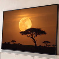 Quadro Decorativo Grande Lua sobre Acácia para Sala Laranja - Borda Infinita / 65x100cm