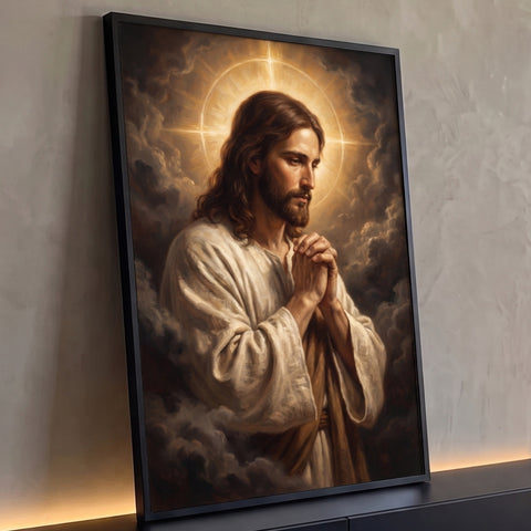 Quadro Decorativo Grande Jesus em Oração para Sala | quadros decorativos para sala | Jesus Cristo em oração com auréola dourada e mãos unidas, fundo de nuvens | Porao dos Quadros