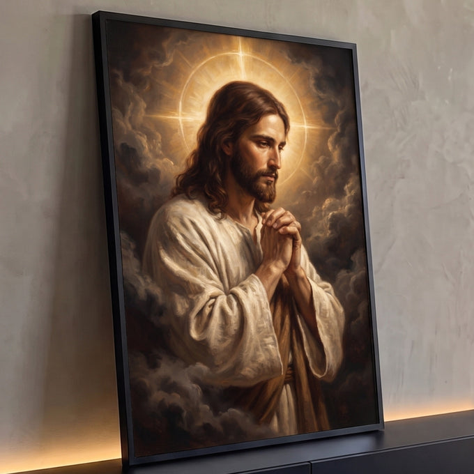 Quadro Decorativo Grande Jesus em Oração para Sala | quadros decorativos para sala | Jesus Cristo em oração com auréola dourada e mãos unidas, fundo de nuvens | Porao dos Quadros
