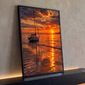 Quadro Decorativo Grande Veleiro na Maré para Sala Laranja | quadros decorativos para sala | veleiro branco ancorado em águas rasas sob céu alaranjado de pôr do sol | Porao dos Quadros