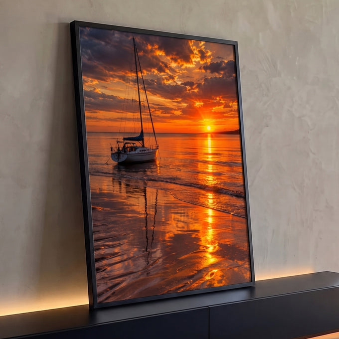 Quadro Decorativo Grande Veleiro na Maré para Sala Laranja | quadros decorativos para sala | veleiro branco ancorado em águas rasas sob céu alaranjado de pôr do sol | Porao dos Quadros