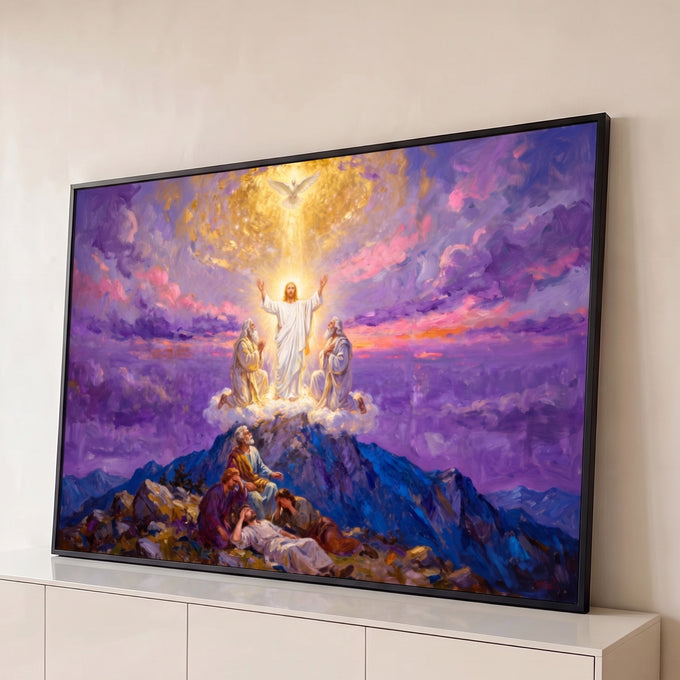 Jesus transfigurado no Monte Tabor com Moisés, Elias e apóstolos sob céu roxo e pomba, quadro decorativo