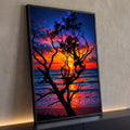Quadro Decorativo Grande Árvore Silhueta para Sala Laranja | quadros decorativos para sala | árvore em silhueta contra pôr do sol laranja e céu estrelado sobre o mar | Porao dos Quadros