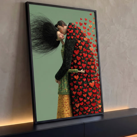 Casal 3D abraçado, beijo na testa, suéter de corações vermelhos voando sobre fundo verde, quadro decorativo