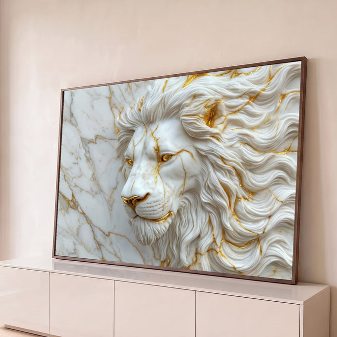 Quadro Decorativo Grande Leão Esculpido para Sala Branco | quadros decorativos para sala | cabeça de leão esculpida em mármore branco com veios dourados | Porao dos Quadros