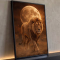 Quadro Decorativo Grande Leão Caminhando para Sala Marrom | quadros decorativos para sala | leão caminhando com juba dourada diante de uma lua gigante em tons âmbar | Porao dos Quadros