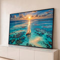 Quadro Decorativo Grande Veleiro em Águas para Sala Azul | quadros decorativos para sala | veleiro branco em águas turquesa com recifes de coral ao pôr do sol | Porao dos Quadros