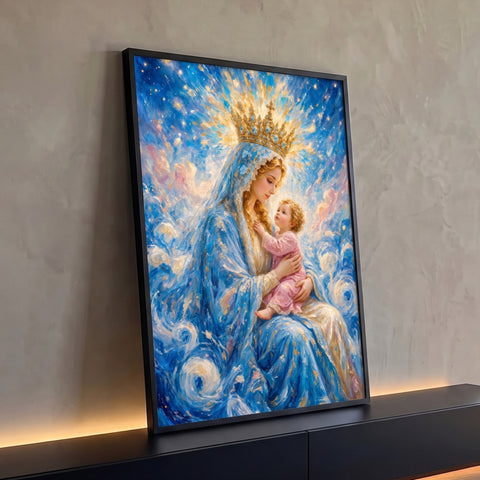 Nossa Senhora coroada abraçando o Menino Jesus em céu azul com pinceladas em espiral, quadro decorativo