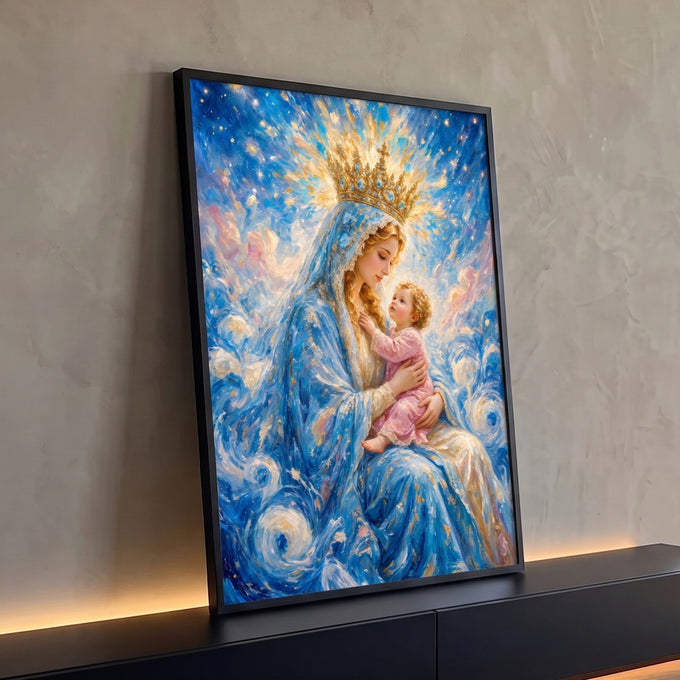 Quadro Decorativo Grande Nossa Senhora Maternidade para Sala | quadros decorativos para sala | Nossa Senhora com coroa dourada segurando o Menino Jesus sobre fundo azul estrelado | Porao dos Quadros